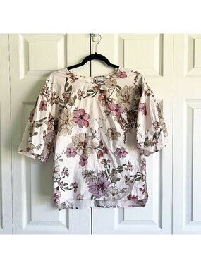 Adam Lippes Floral White Pink Flutter Sleeve Crew Neck Top Women's Size 8